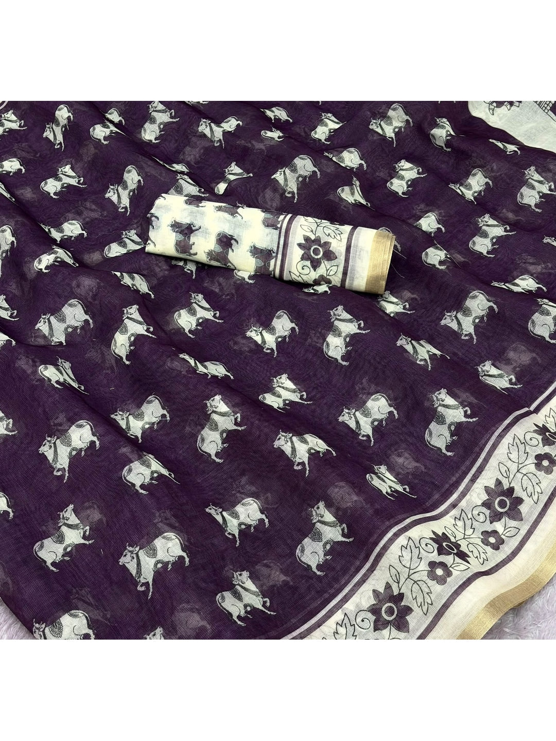 Peachmode Purple Animal Print Linen Cotton Saree - Image 5