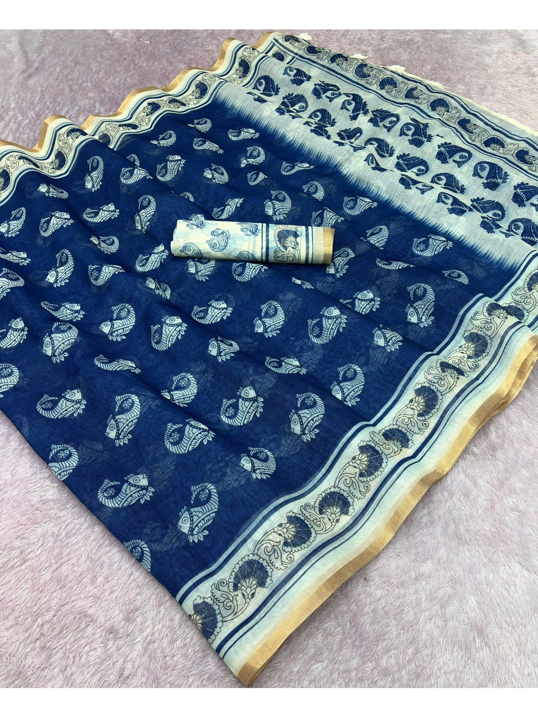 Peachmode Blue Animal Print Linen Cotton Saree - Image 2
