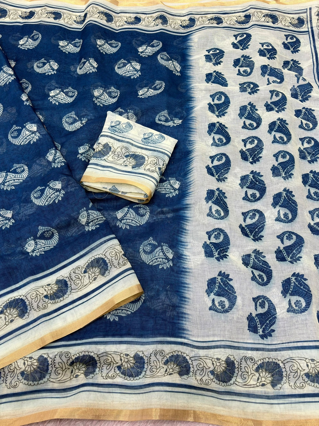 Peachmode Blue Animal Print Linen Cotton Saree - Image 3