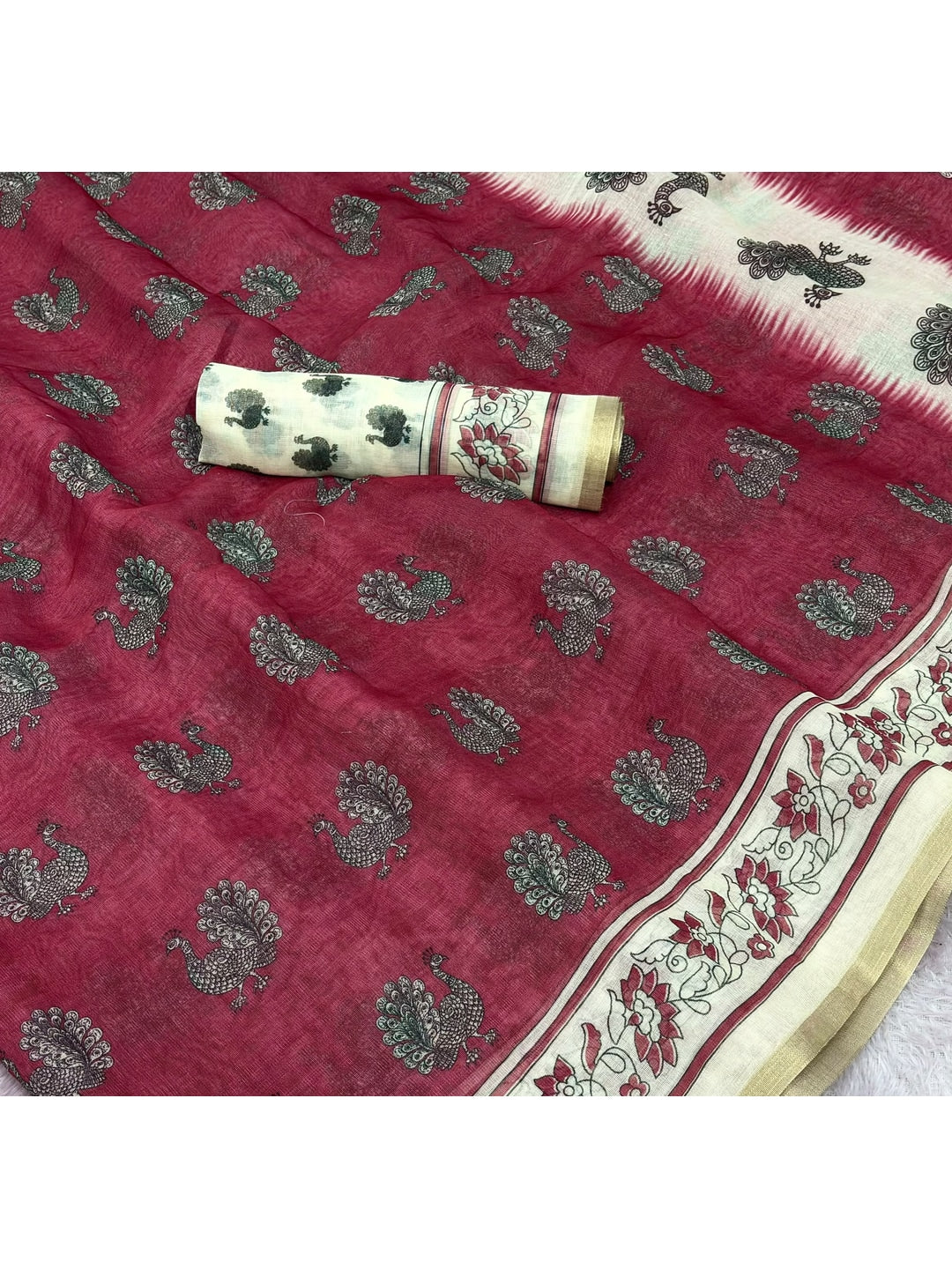 Peachmode Red Animal Print Linen Cotton Saree - Image 5