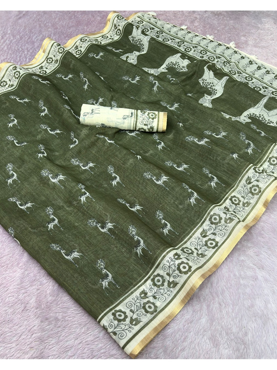 Peachmode Olive Animal Print Linen Cotton Saree - Image 2