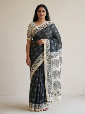 Peachmode Black Animal Print Linen Cotton Saree - Image 1