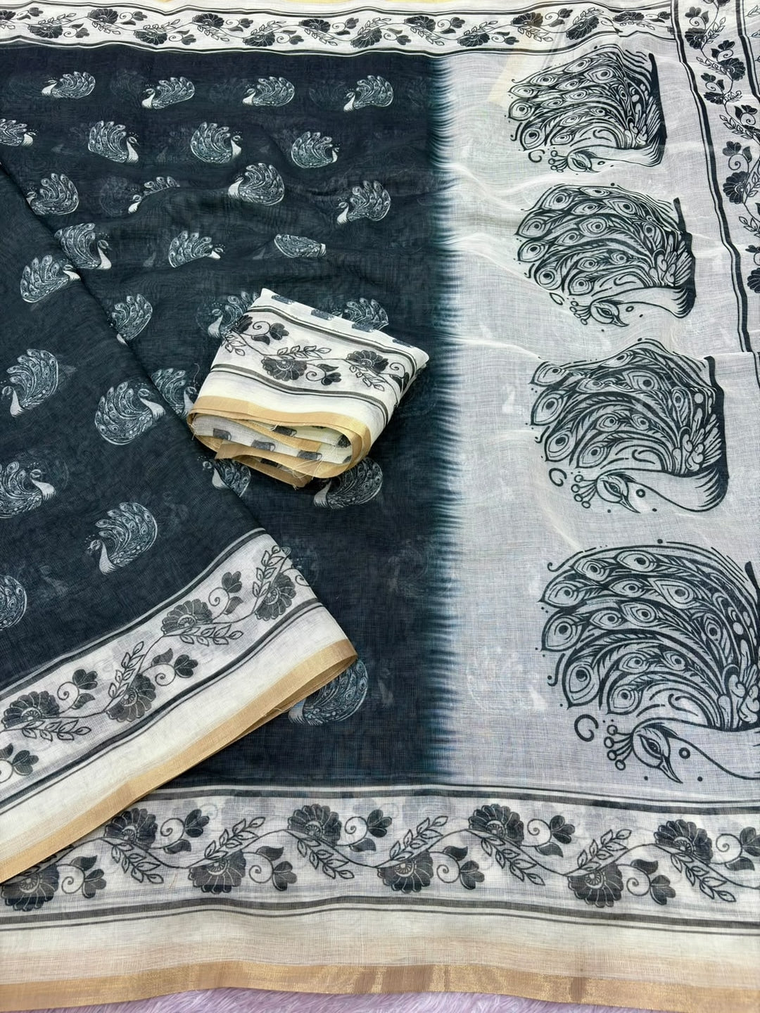Peachmode Black Animal Print Linen Cotton Saree - Image 3