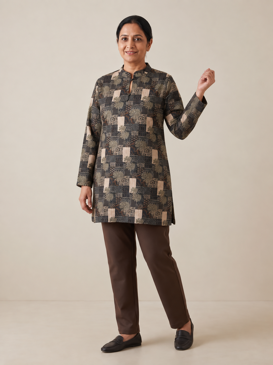Peachmode Beige Woolen Floral Patchwork Printed Kurti - Image 5