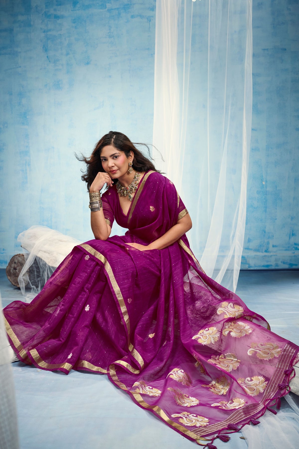 Peachmode Magenta Pure Munga Silk Handloom Woven Saree - Image 5