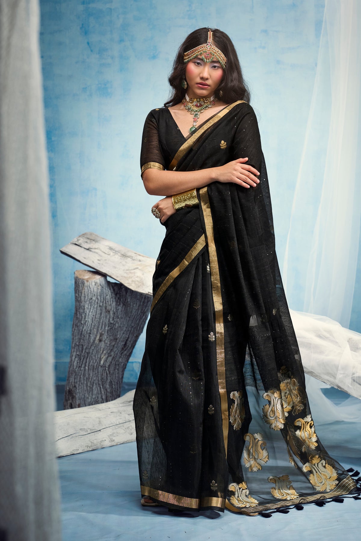 Peachmode Black Pure Munga Silk Handloom Woven Saree - Image 1