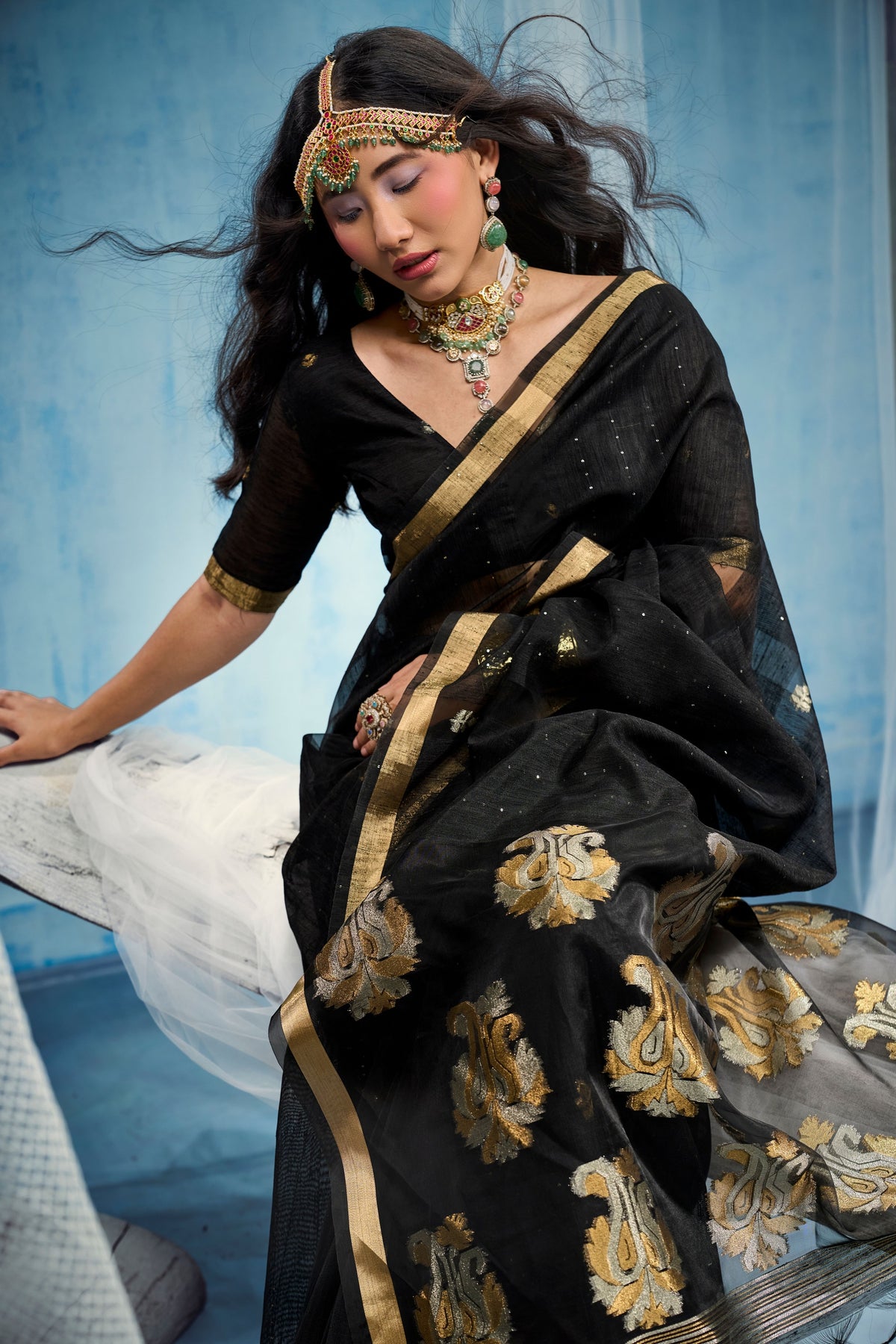 Peachmode Black Pure Munga Silk Handloom Woven Saree - Image 2