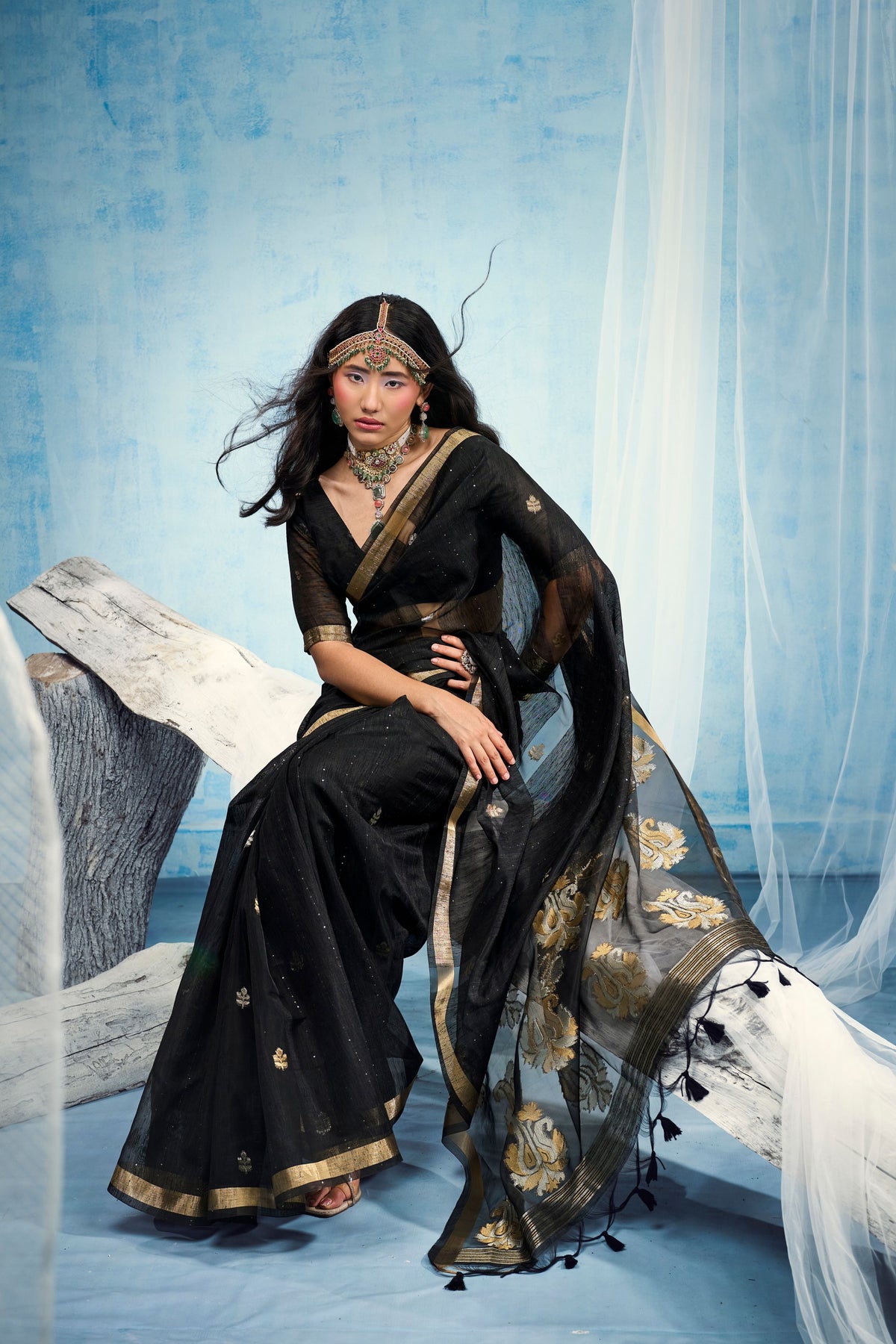 Peachmode Black Pure Munga Silk Handloom Woven Saree - Image 5