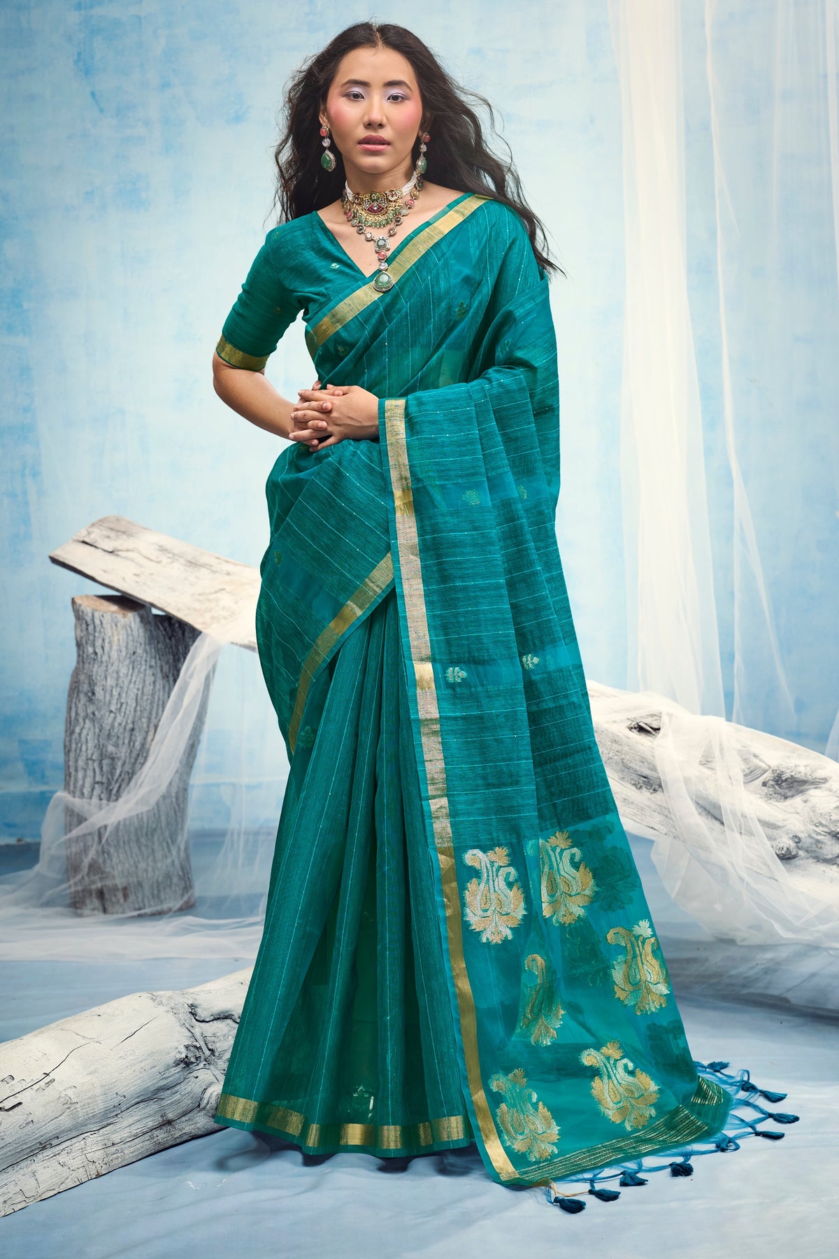 Peachmode Teal Pure Munga Silk Handloom Woven Saree - Image 1