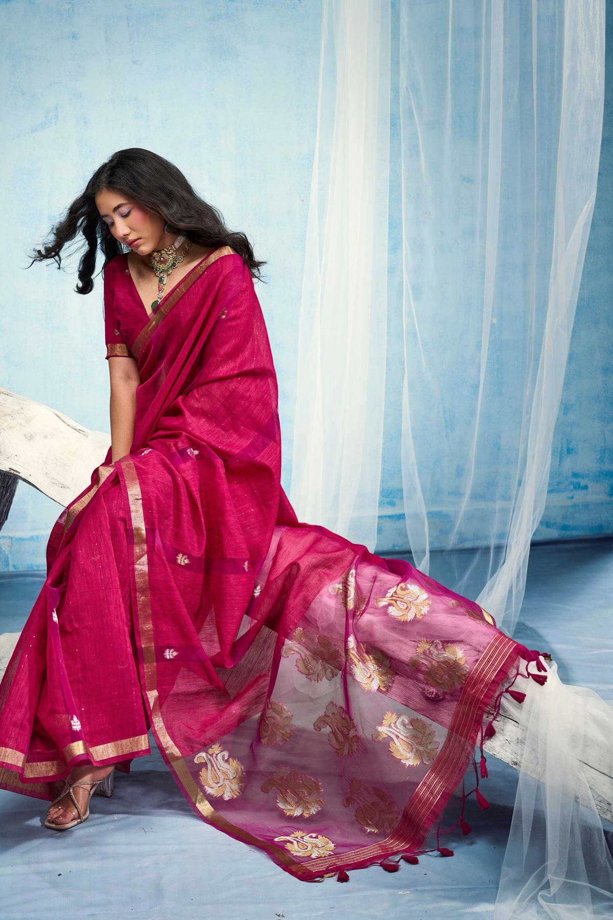 Peachmode Pink Pure Munga Silk Handloom Woven Saree - Image 4