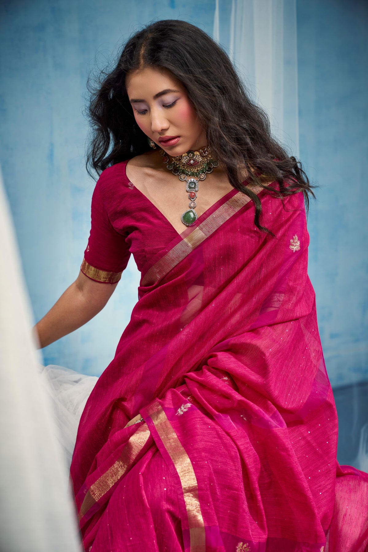Peachmode Pink Pure Munga Silk Handloom Woven Saree - Image 5