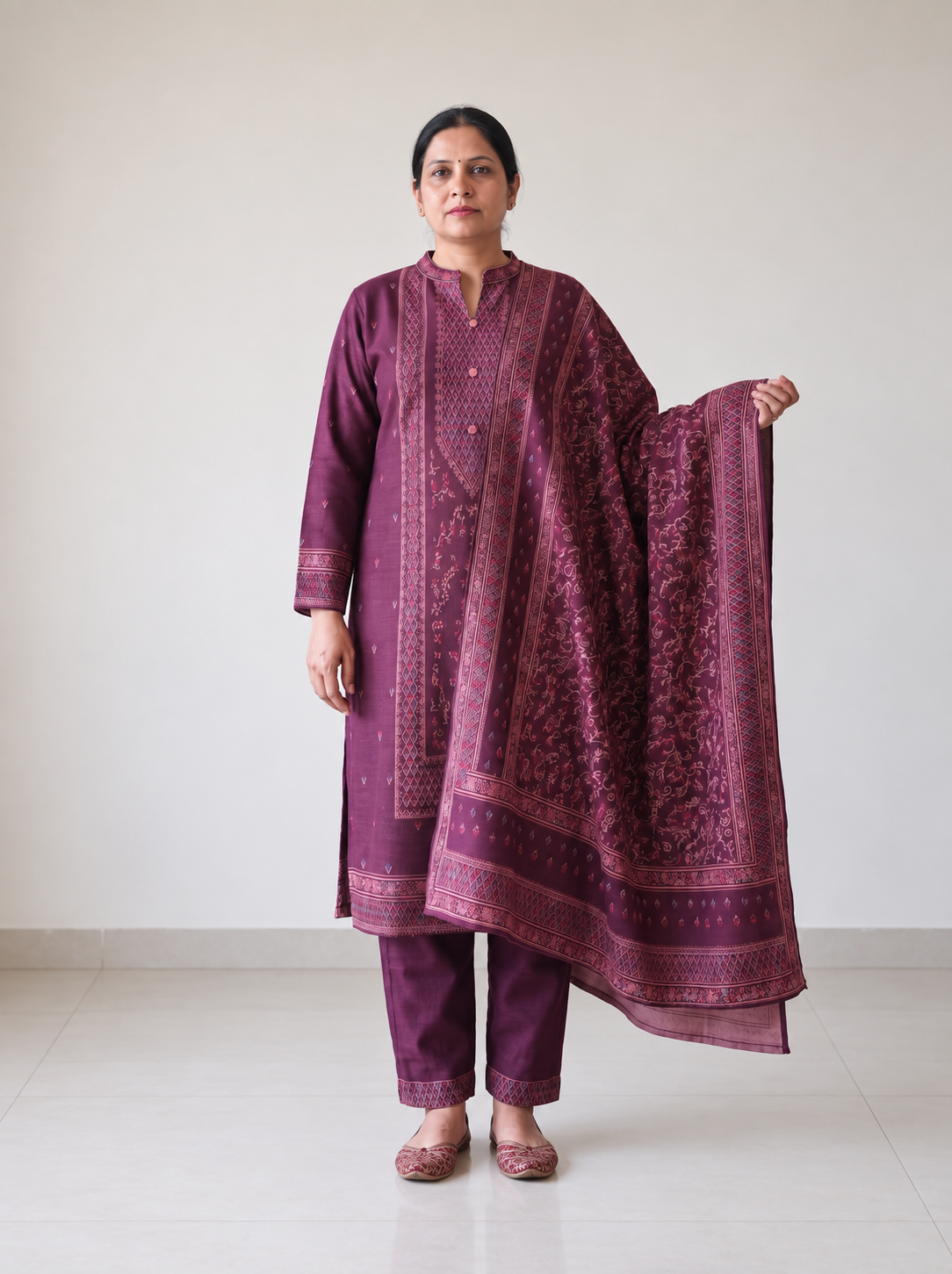 Peachmode Wine Woolen Motif Salwar Suit With Dupatta - Image 2
