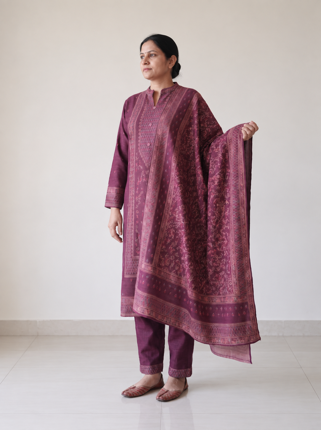 Peachmode Wine Woolen Motif Salwar Suit With Dupatta - Image 3
