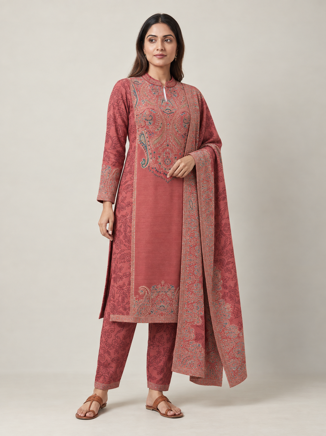 Peachmode Rose Woolen Floral Motif Salwar Suit - Image 1