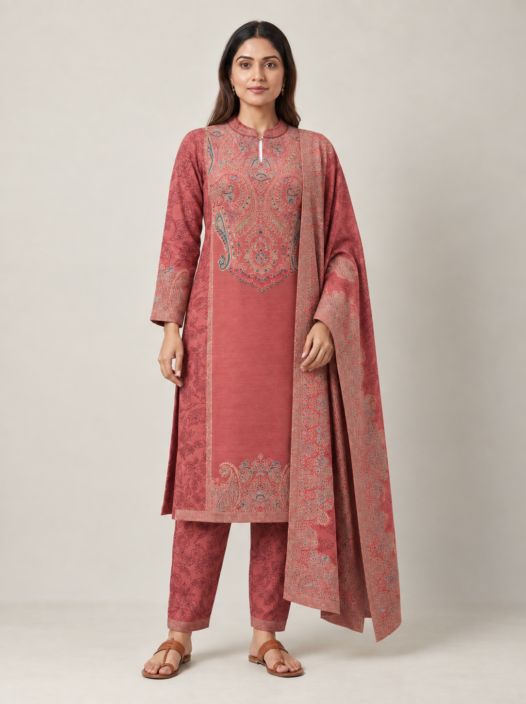 Peachmode Rose Woolen Floral Motif Salwar Suit - Image 2