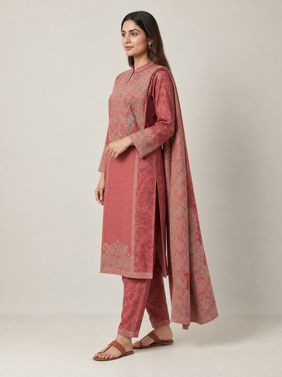 Peachmode Rose Woolen Floral Motif Salwar Suit - Image 3