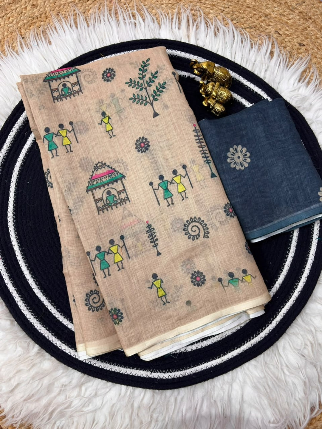 Peachmode Beige Warli Printed Linen Saree - Image 5