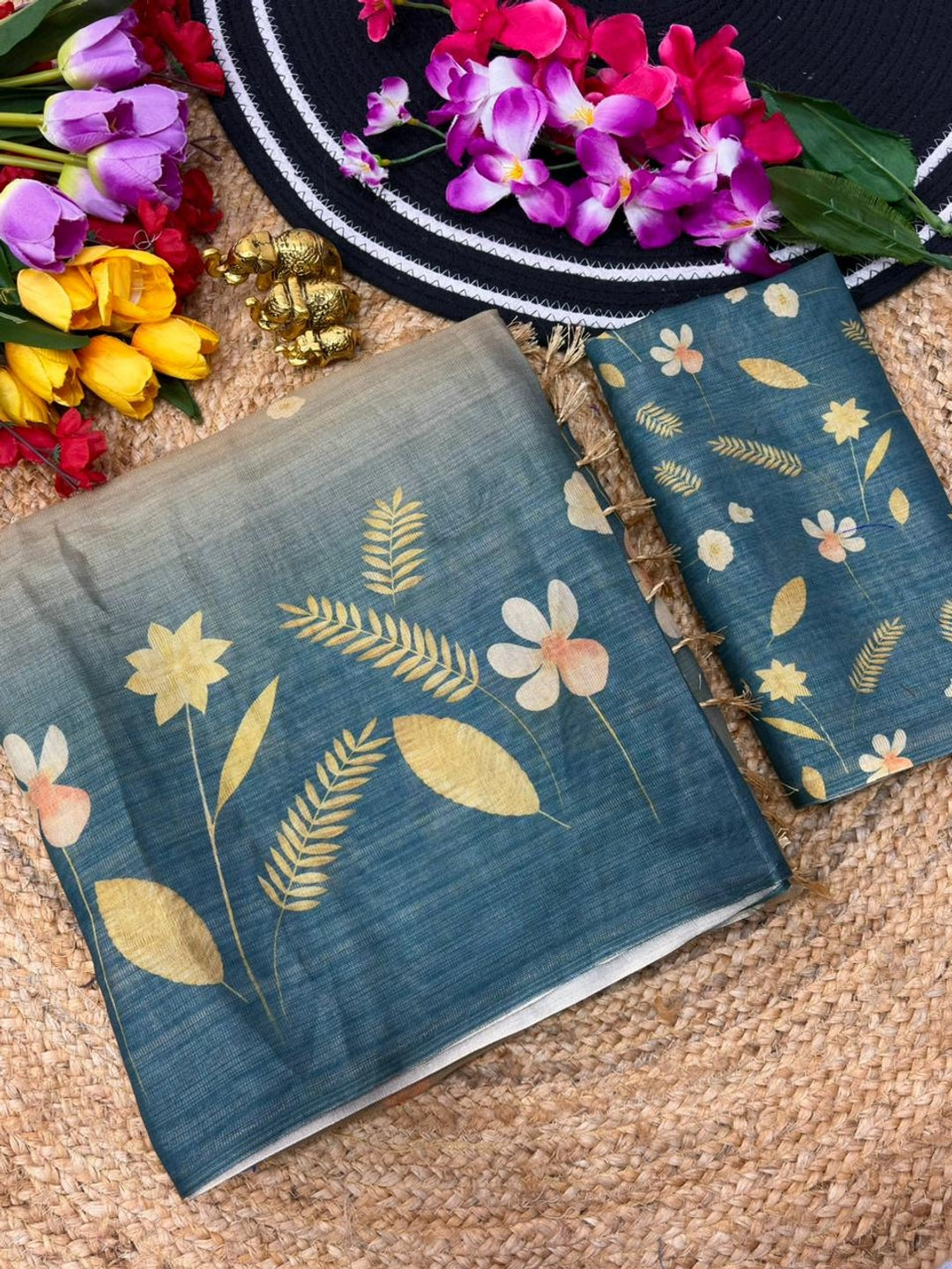 Peachmode Grey Ombre Floral Printed Erod Silk Saree - Image 5
