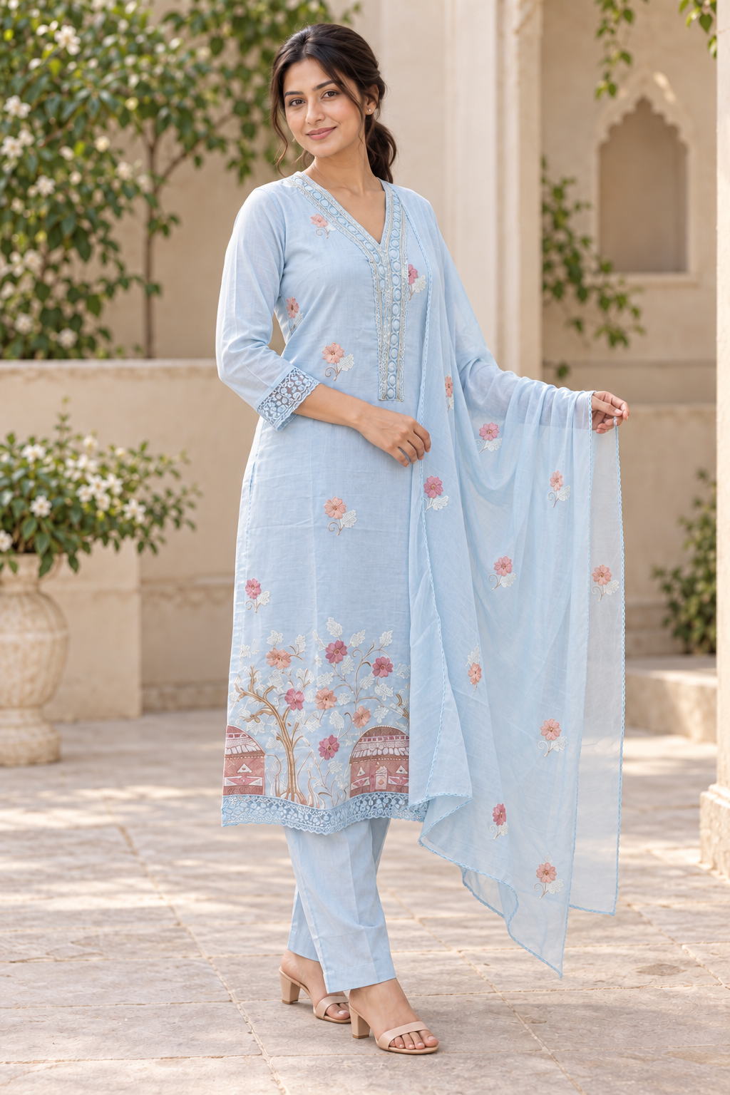 Peachmode Light Blue Embroidered Cotton Salwar Suit - Image 3