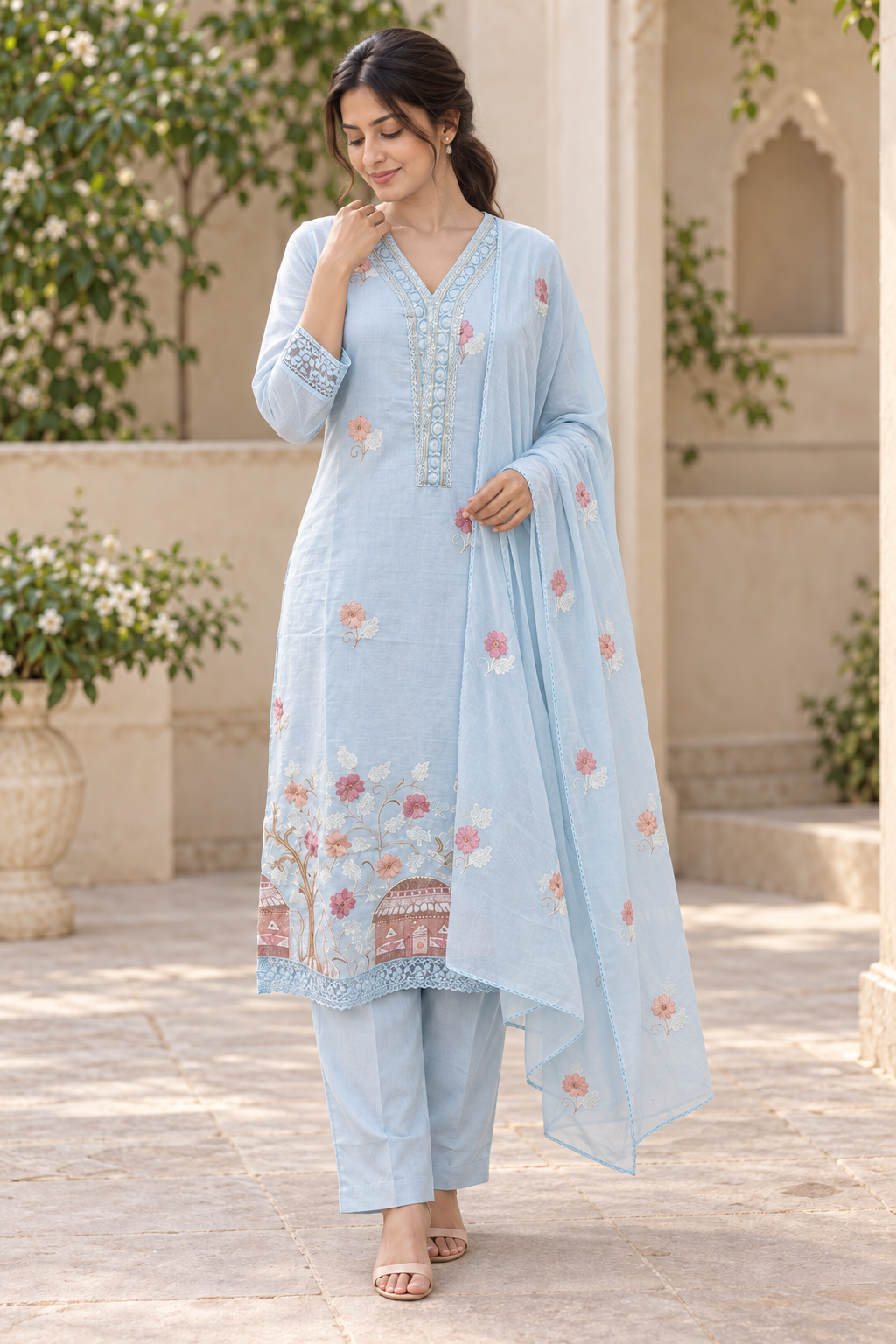 Peachmode Light Blue Embroidered Cotton Salwar Suit - Image 5