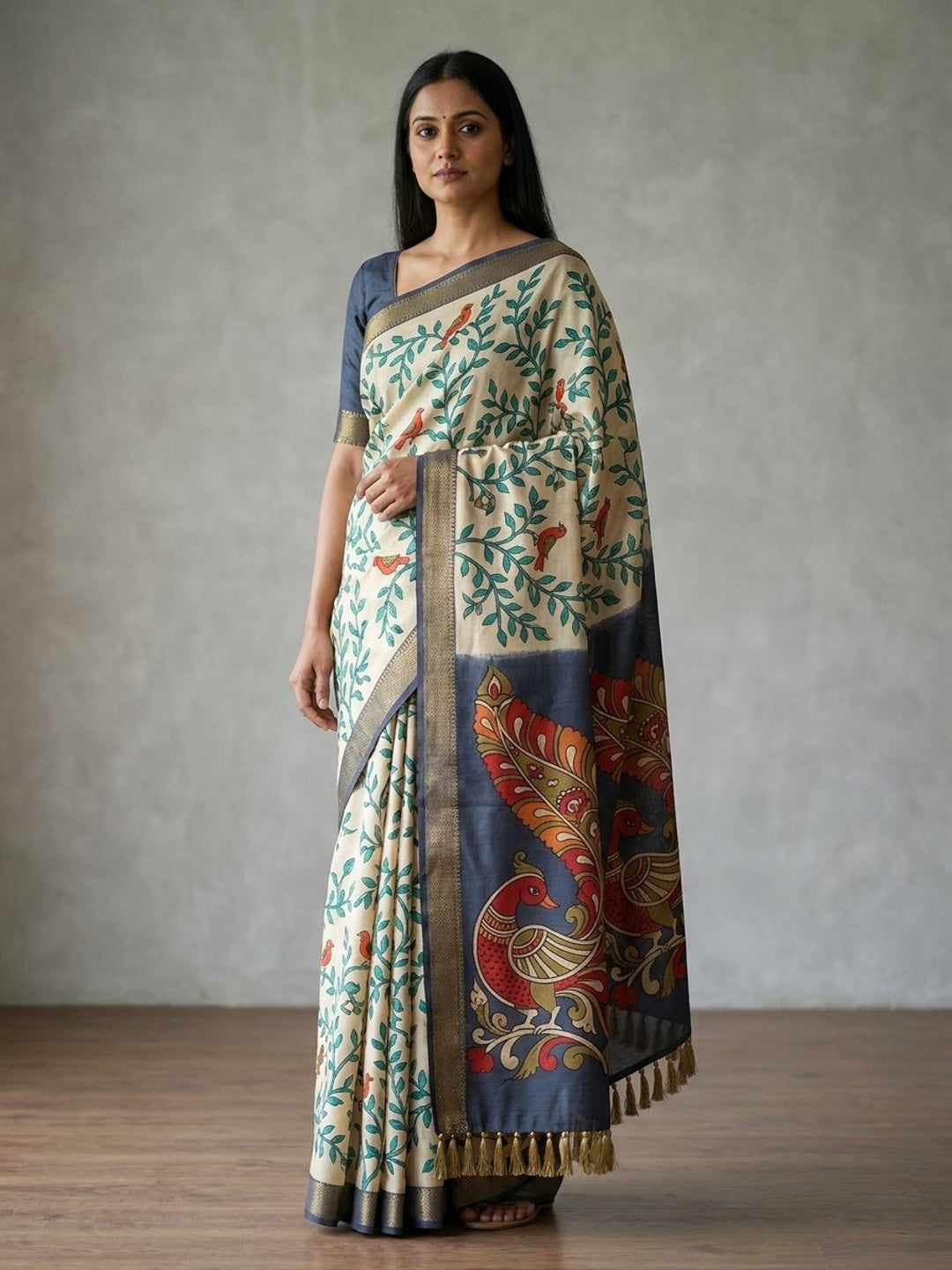 Peachmode Beige Kalamkari Bird Printed Erod Silk Saree - Image 1