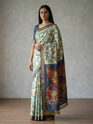 Peachmode Beige Kalamkari Bird Printed Erod Silk Saree - Image 1
