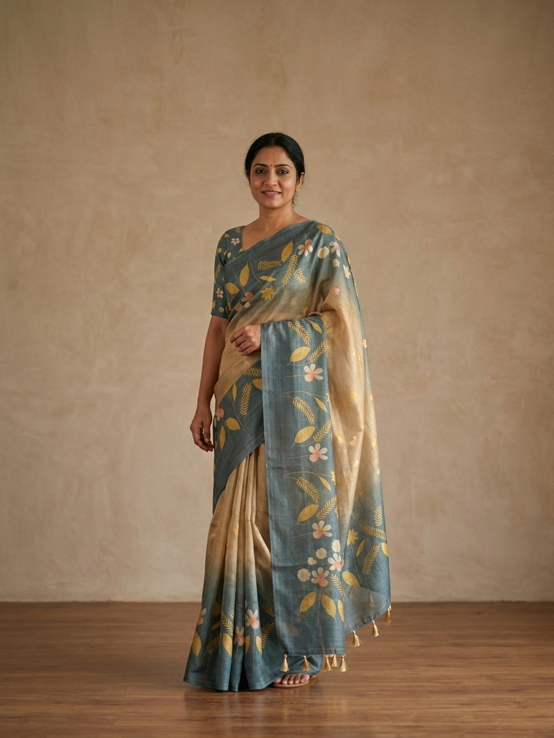Peachmode Grey Ombre Floral Printed Erod Silk Saree - Image 1