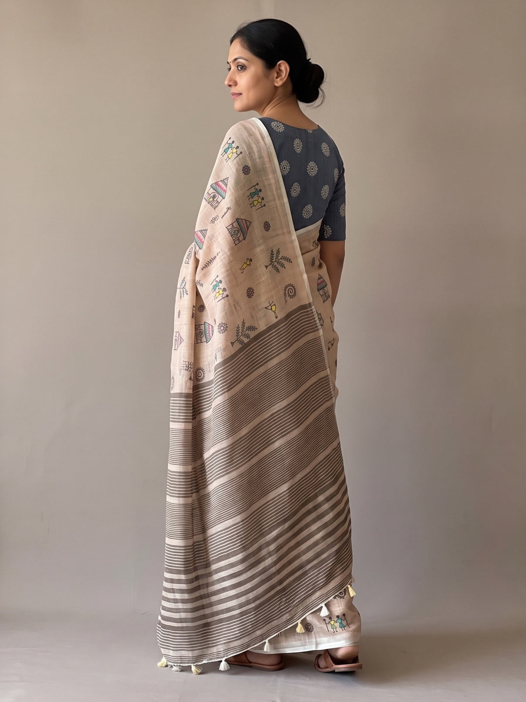 Peachmode Beige Warli Printed Linen Saree - Image 2