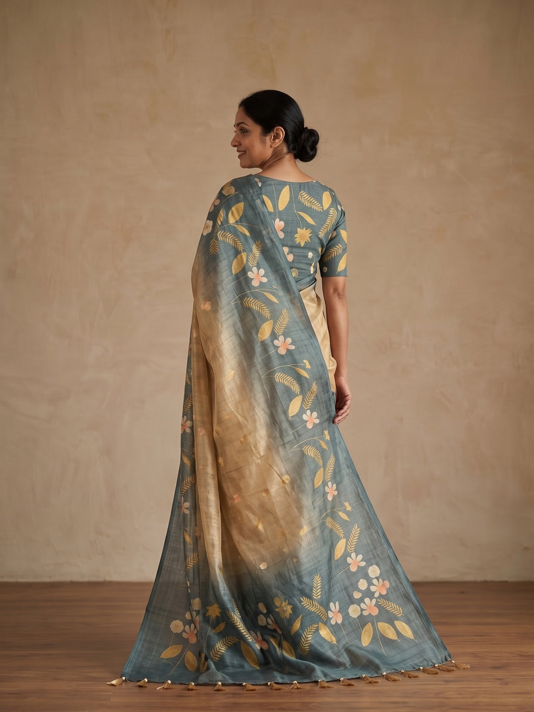 Peachmode Grey Ombre Floral Printed Erod Silk Saree - Image 2