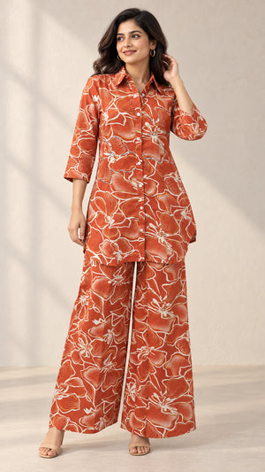 Peachmode Rust Floral Printed Cotton Co-ord Set - Image 1