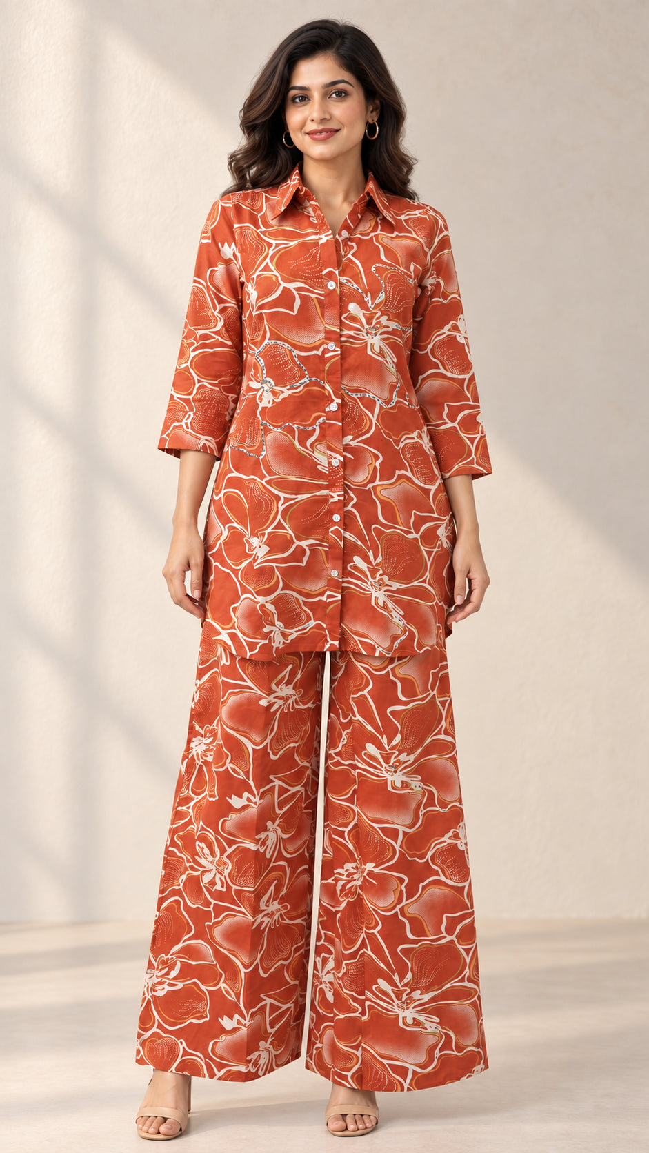 Peachmode Rust Floral Printed Cotton Co-ord Set - Image 2