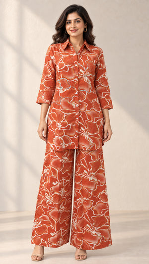 Peachmode Rust Floral Printed Cotton Co-ord Set - Image 2