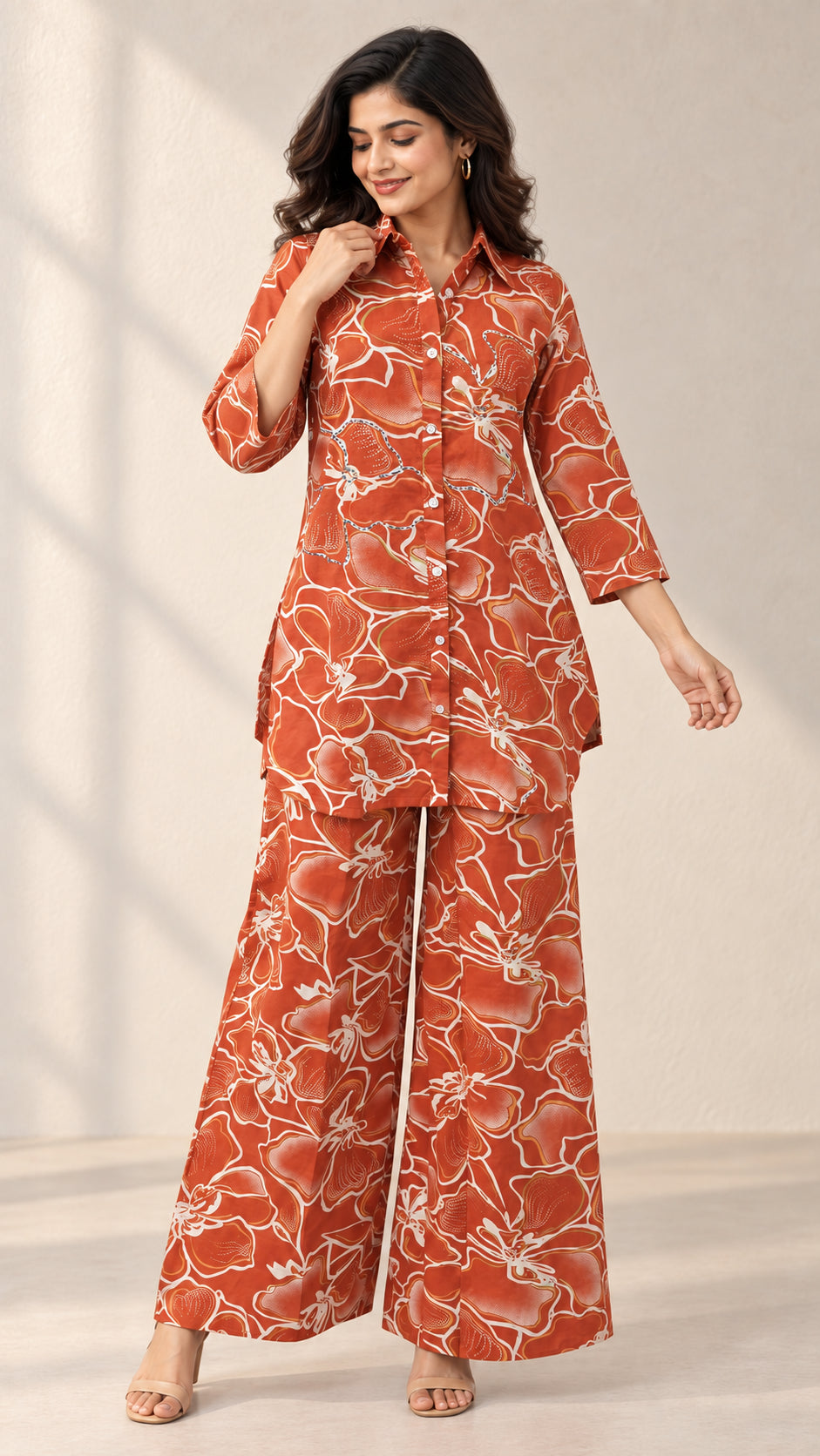 Peachmode Rust Floral Printed Cotton Co-ord Set - Image 5
