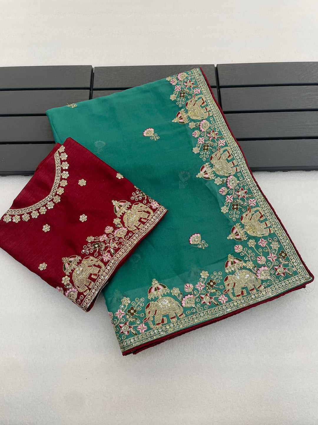 Peachmode Rama Blue Elephant Embroidered Georgette Silk Saree - Image 2