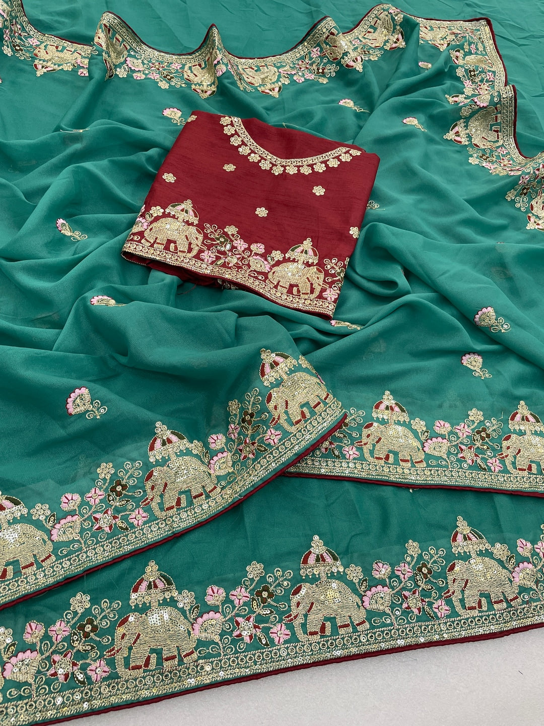 Peachmode Rama Blue Elephant Embroidered Georgette Silk Saree - Image 3