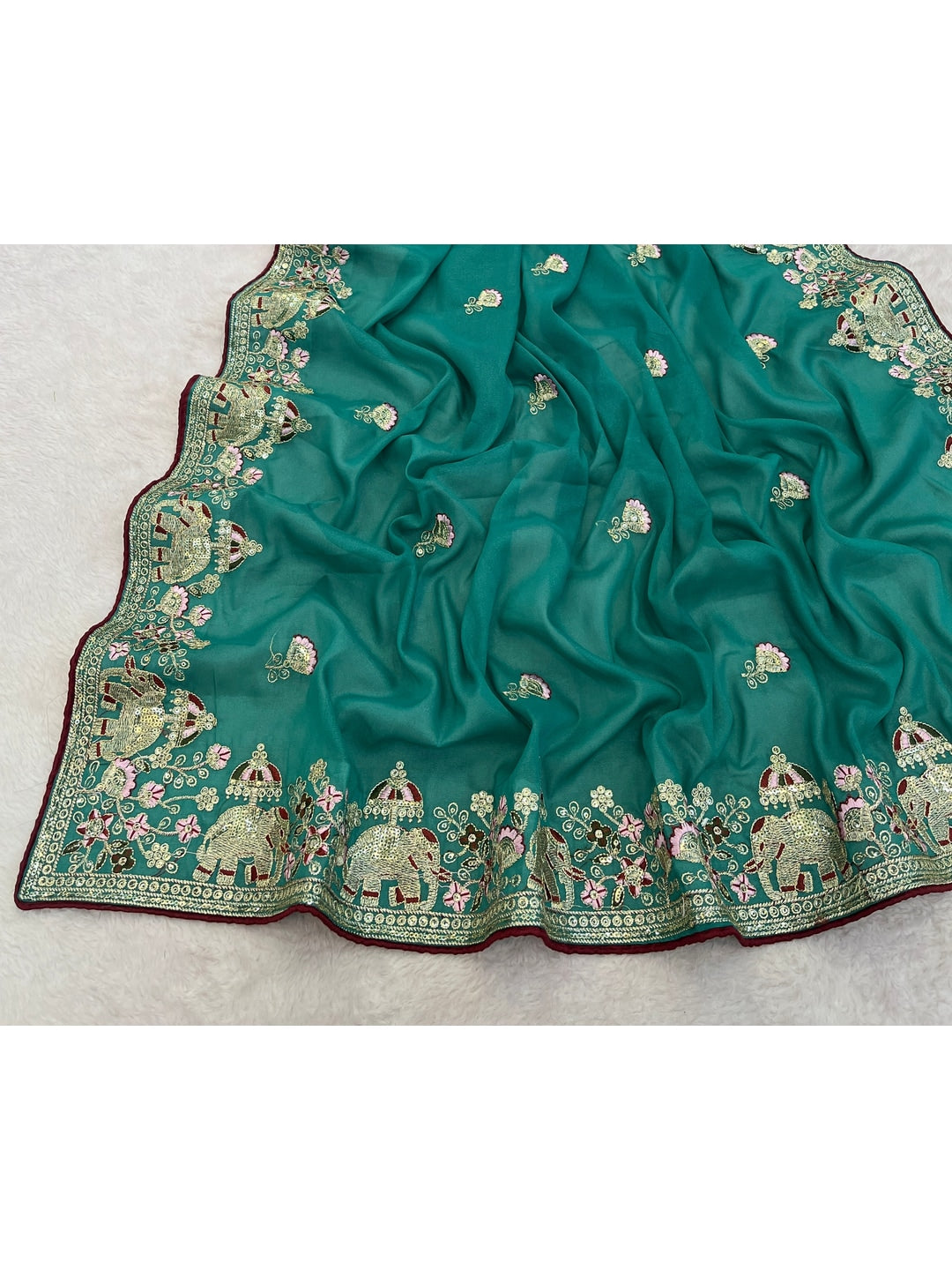 Peachmode Rama Blue Elephant Embroidered Georgette Silk Saree - Image 5