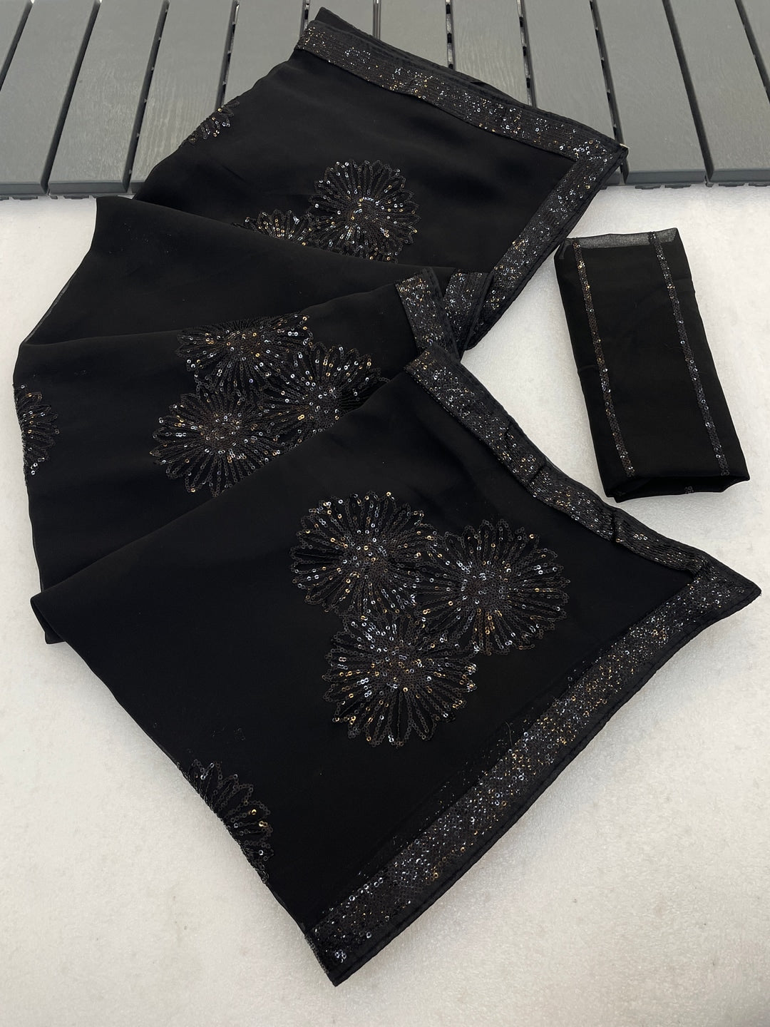 Peachmode Black Floral Sequin Georgette Saree With Blouse - Image 1