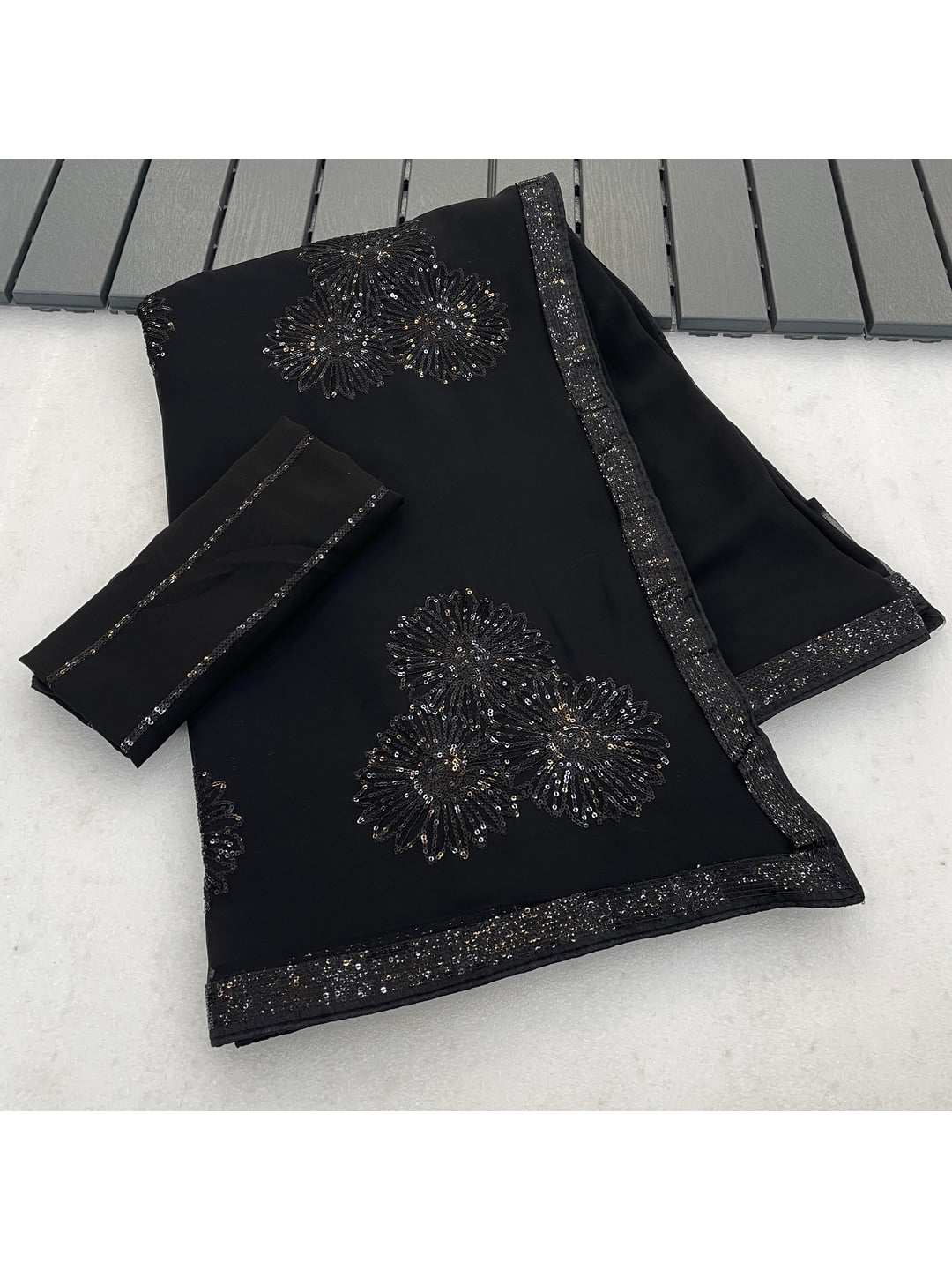 Peachmode Black Floral Sequin Georgette Saree With Blouse - Image 2