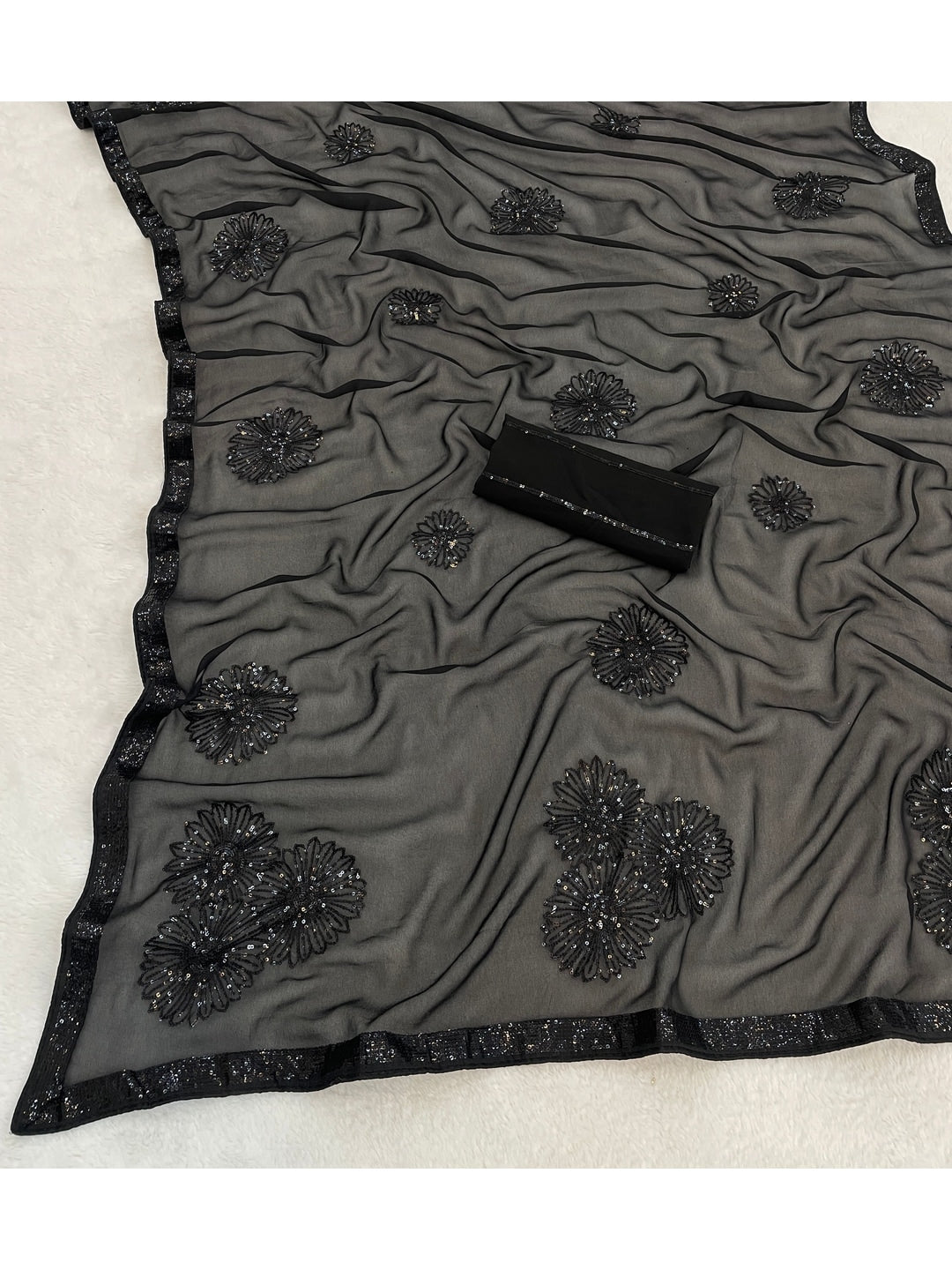Peachmode Black Floral Sequin Georgette Saree With Blouse - Image 5