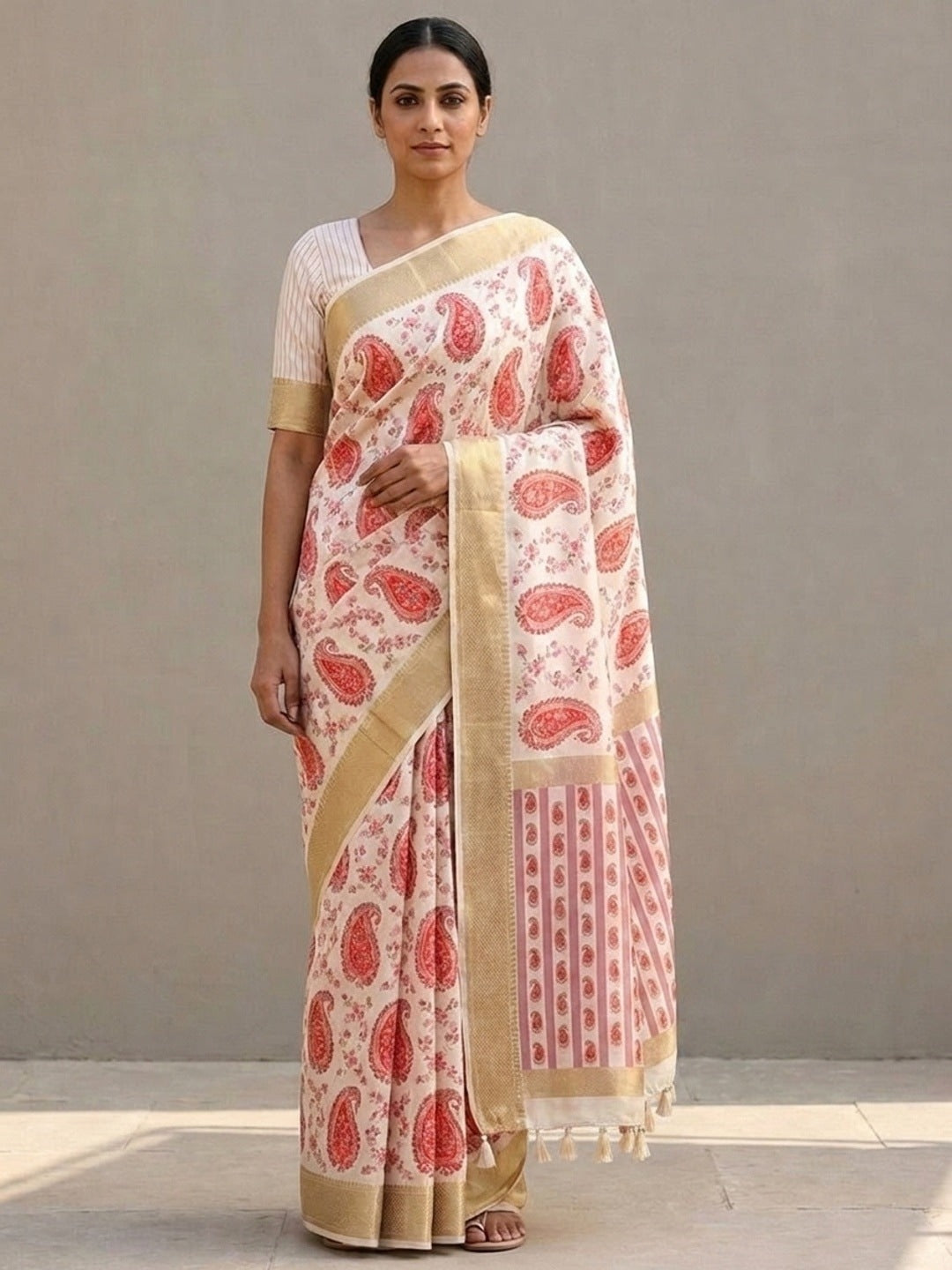 Peachmode Offwhite Dola Silk Position Digital Print Saree - Image 1