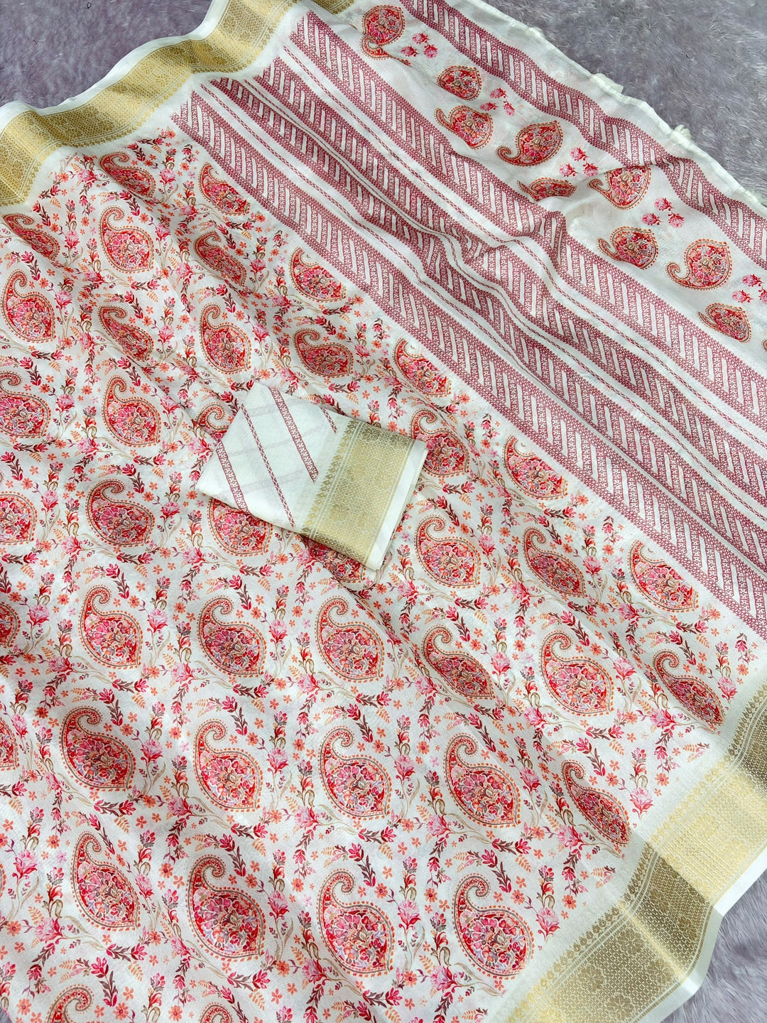 Peachmode Offwhite Dola Silk Position Digital Print Saree - Image 3