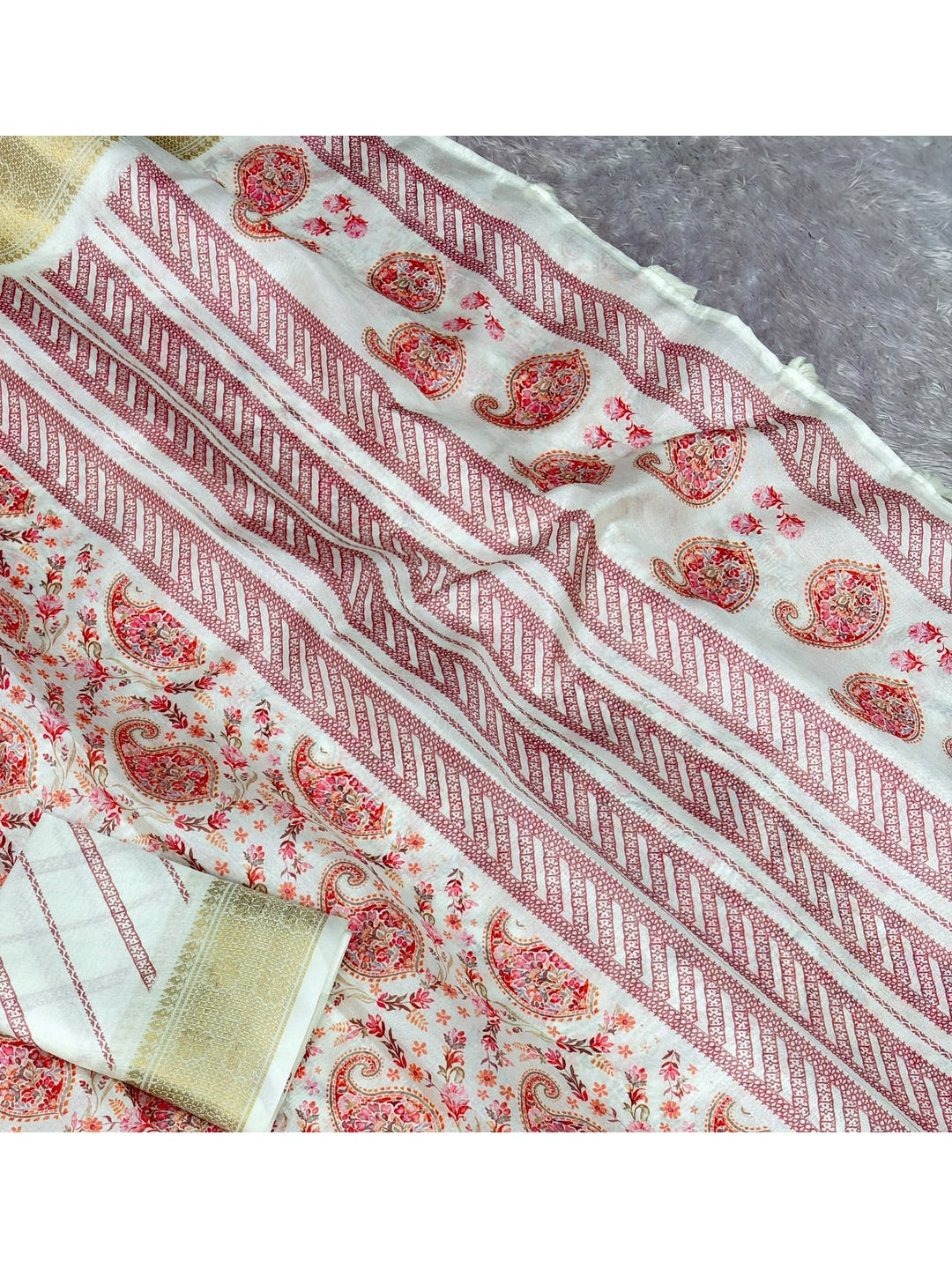 Peachmode Offwhite Dola Silk Position Digital Print Saree - Image 5