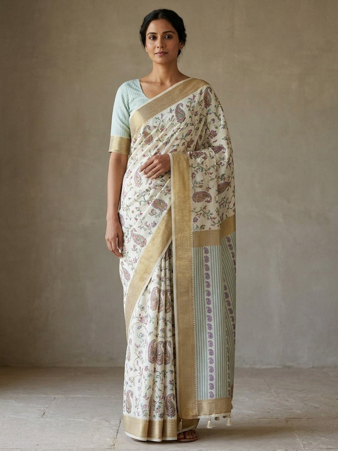 Peachmode Offwhite Dola Silk Position Digital Print Saree - Image 1