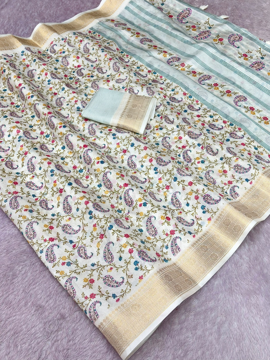 Peachmode Offwhite Dola Silk Position Digital Print Saree - Image 2