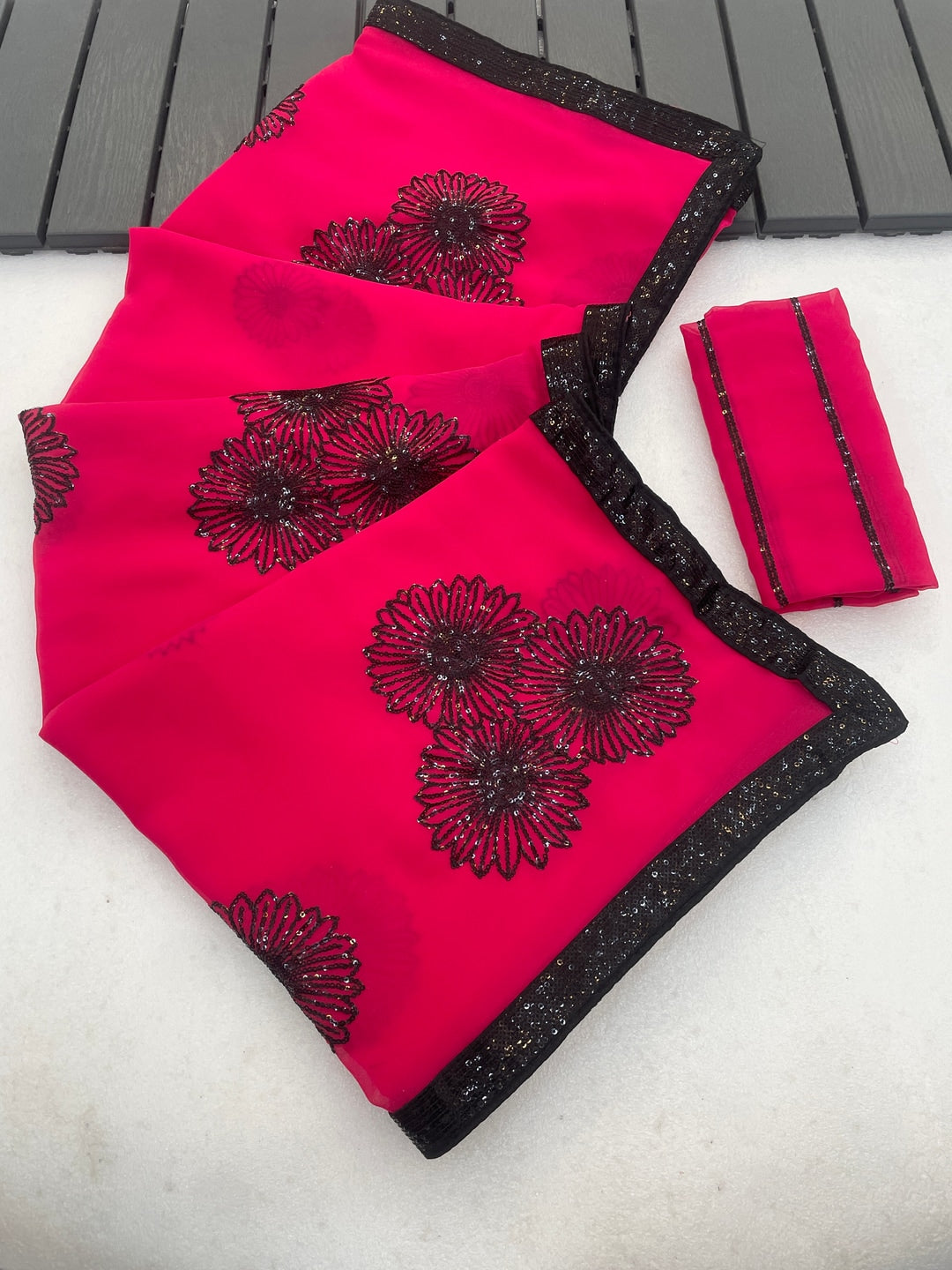 Peachmode Pink Floral Sequin Georgette Saree With Blouse - Image 1