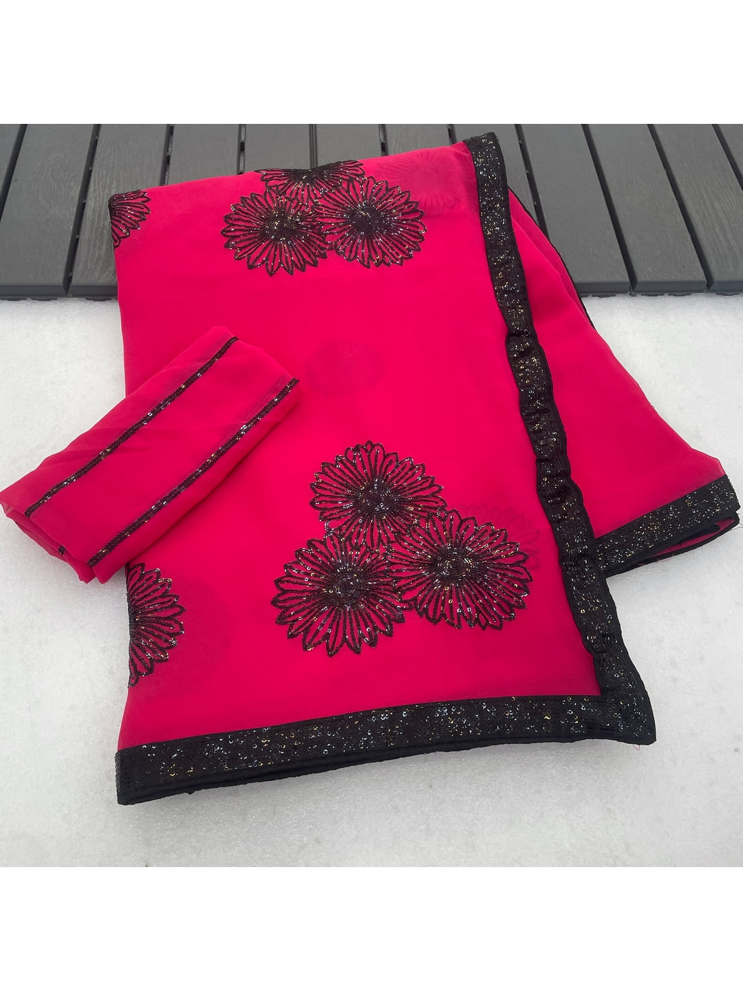 Peachmode Pink Floral Sequin Georgette Saree With Blouse - Image 2