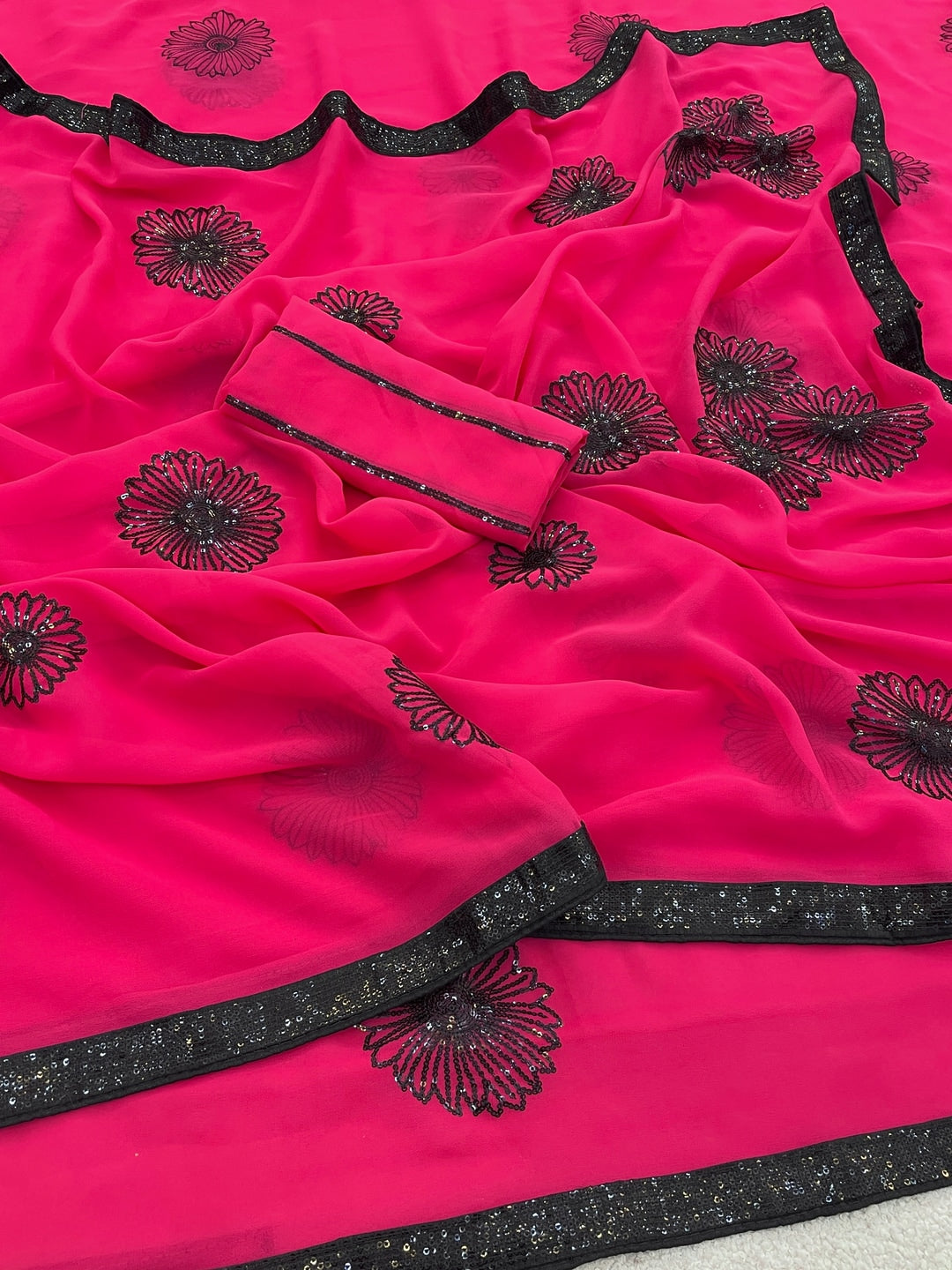 Peachmode Pink Floral Sequin Georgette Saree With Blouse - Image 3