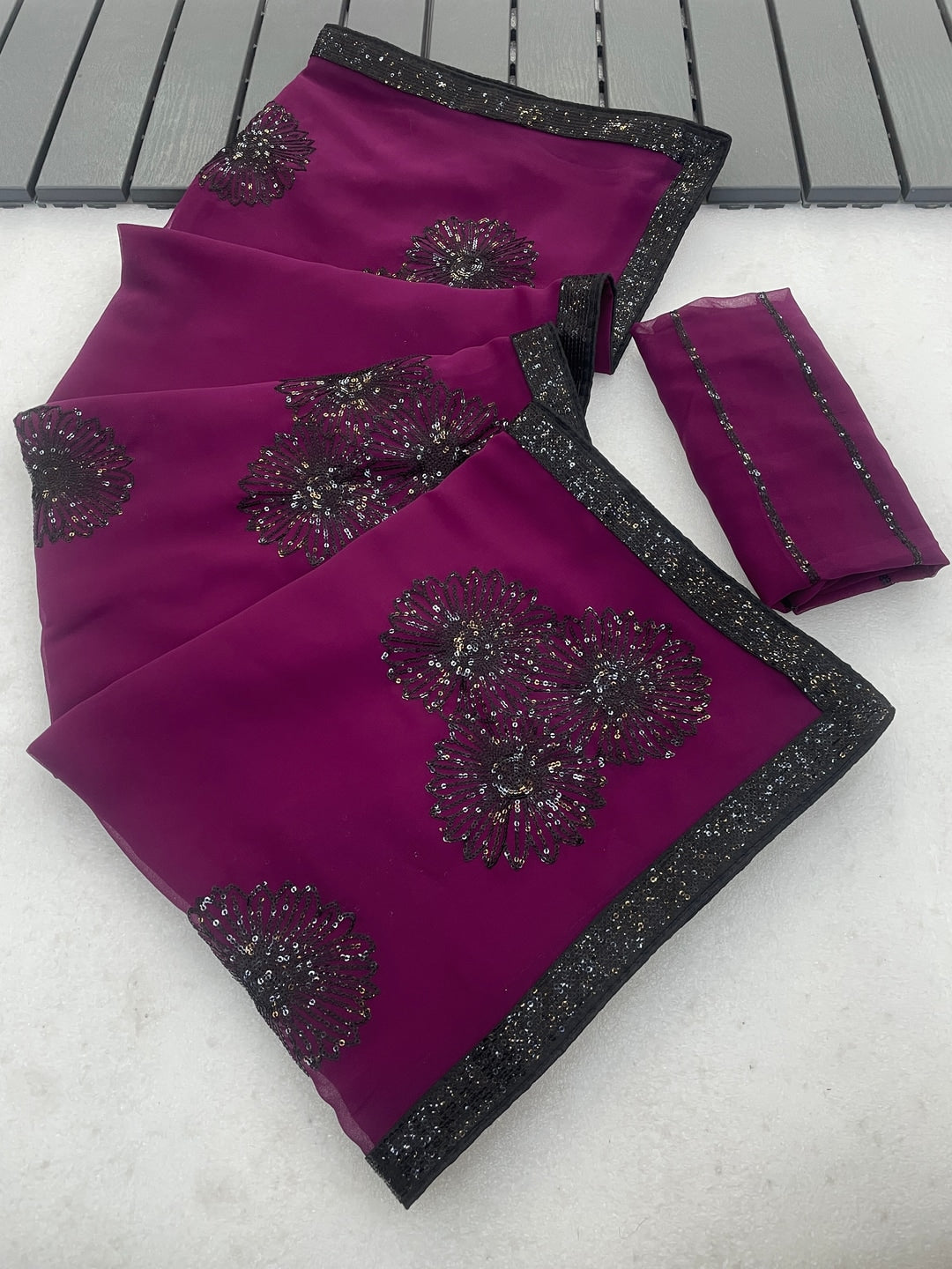 Peachmode Wine Floral Sequin Georgette Saree With Blouse - Image 1