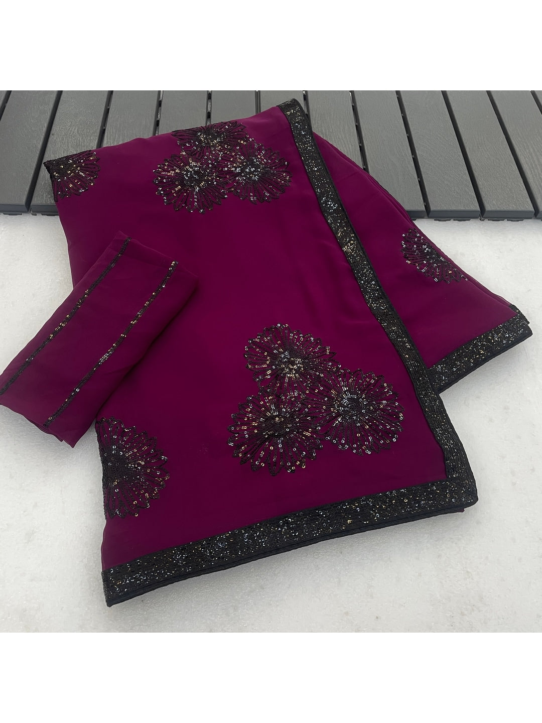 Peachmode Wine Floral Sequin Georgette Saree With Blouse - Image 2