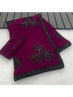 Peachmode Wine Floral Sequin Georgette Saree With Blouse - Image 2